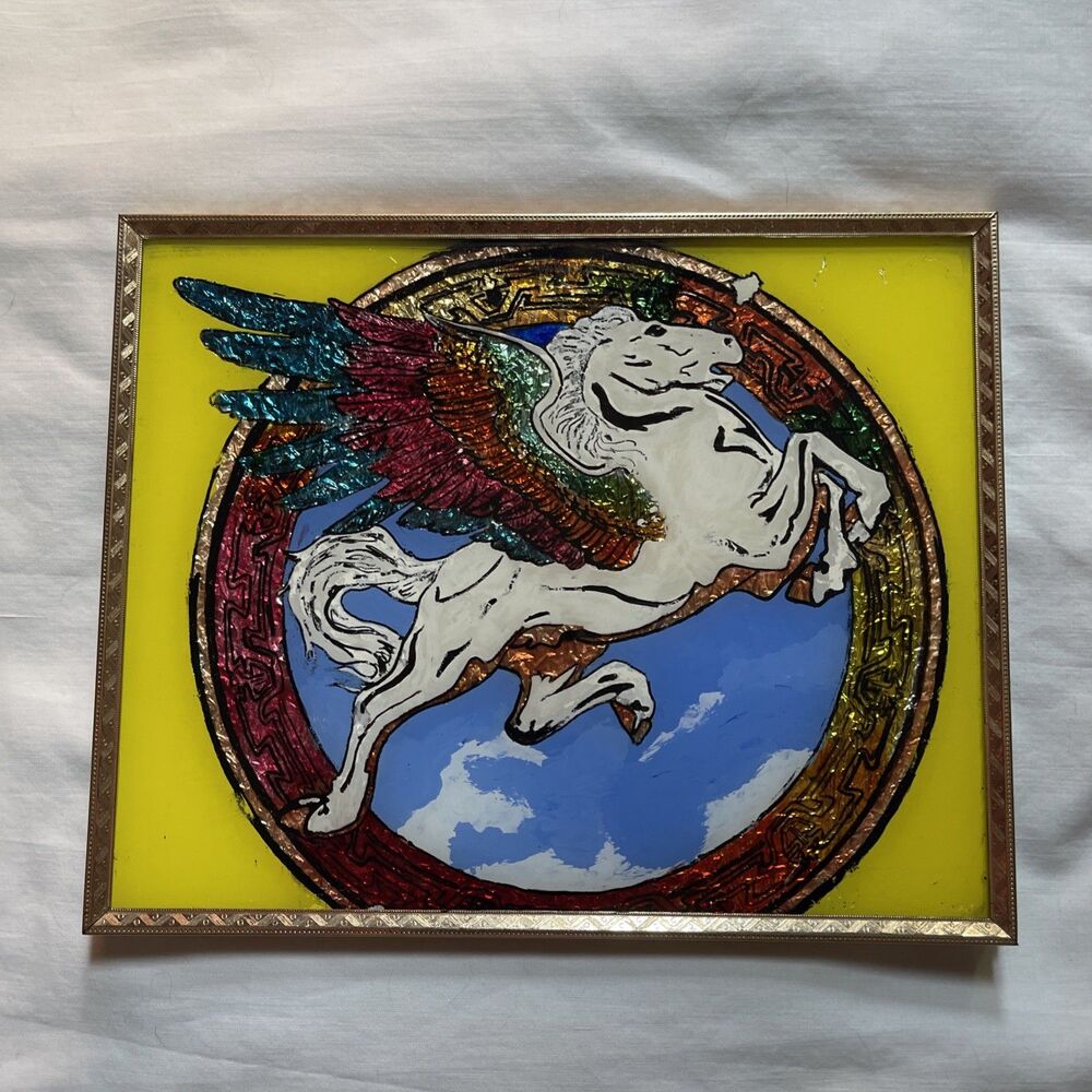 VTG 1970s Pegasus Unicorn Fantasy Foil Art Decor Framed Rainbow 8”x10”